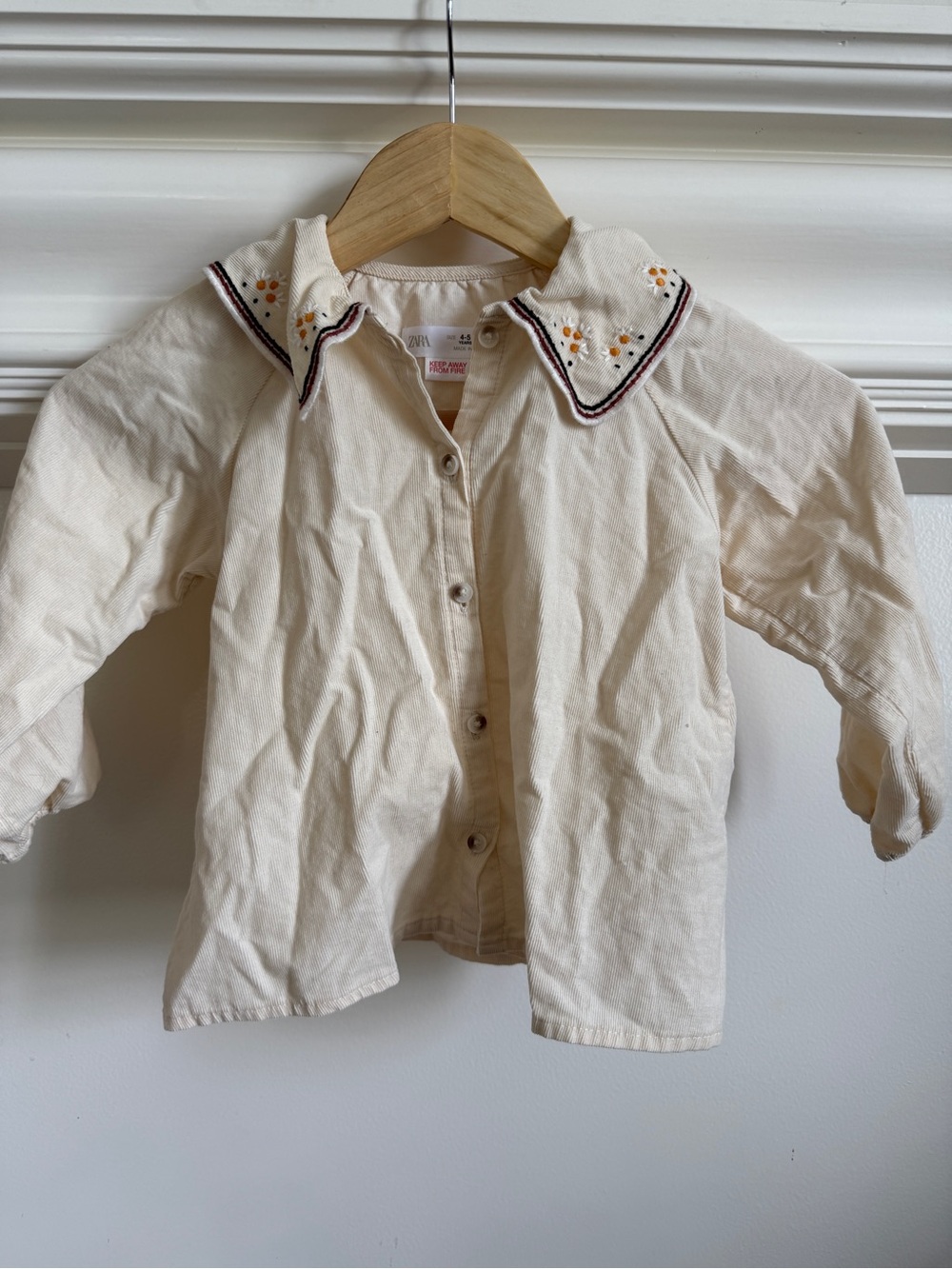 Zara Cream Long-Sleeve Blouse with Embroidered Collar